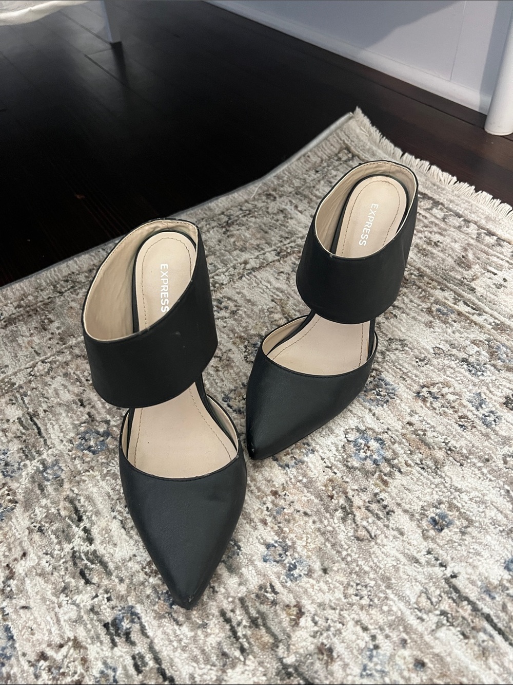 Express Black Pointed Toe Ankle Strap Heels